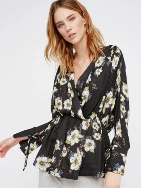 Free People Tuscan Dreams Tunic Dress M Black Floral Boho Mini Festival Flowy - Picture 2 of 10